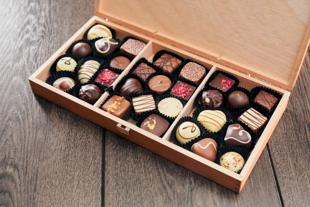 Different Chocolate Candies Wooden Box 1024x683
