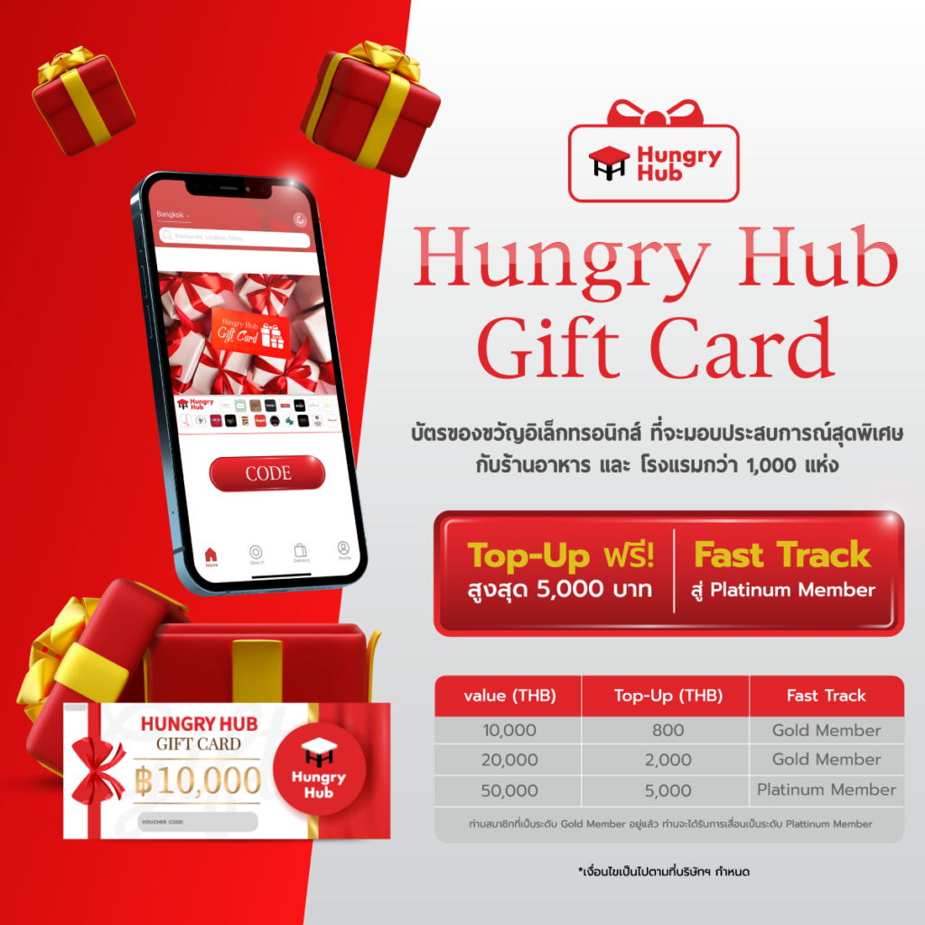 โปรโมชั่น Hungry Hub Gift Card Top-Up รับเพิ่มฟรี สูงสุด 5,000 บาท!  