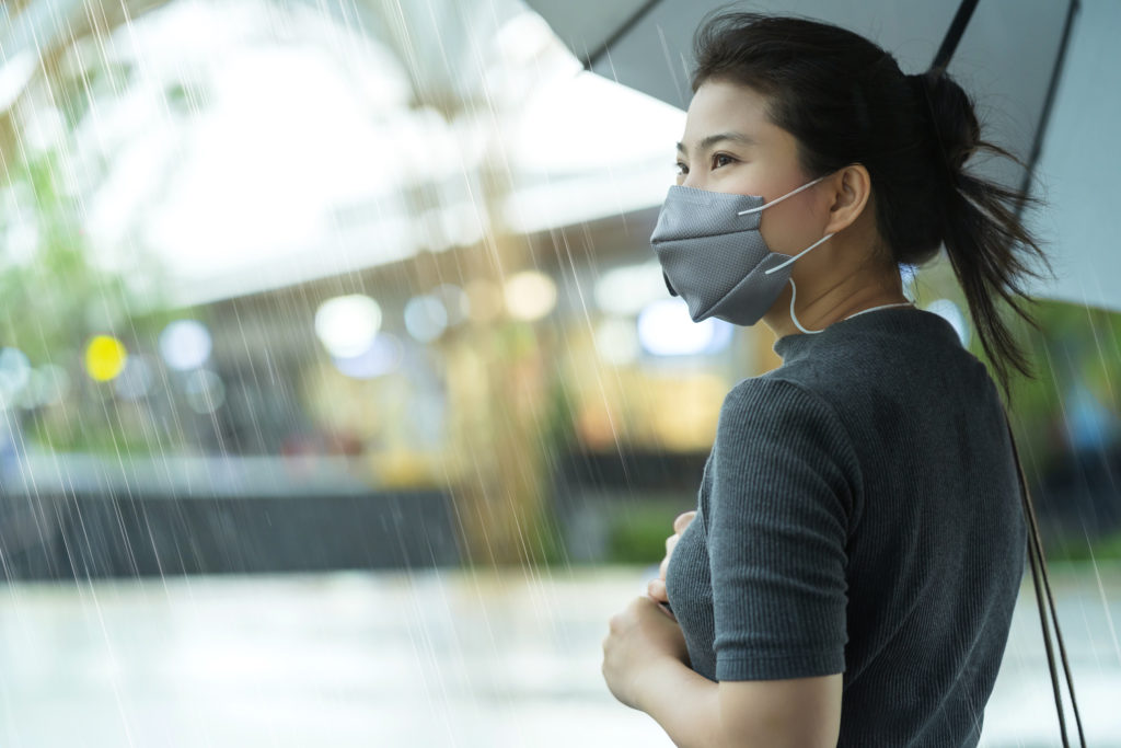 Asian Female Woman Wearing Face Mask Protection Standing Alone Hand Hold Umbralle Raining Season Heavy Raining Outdoor Street Side