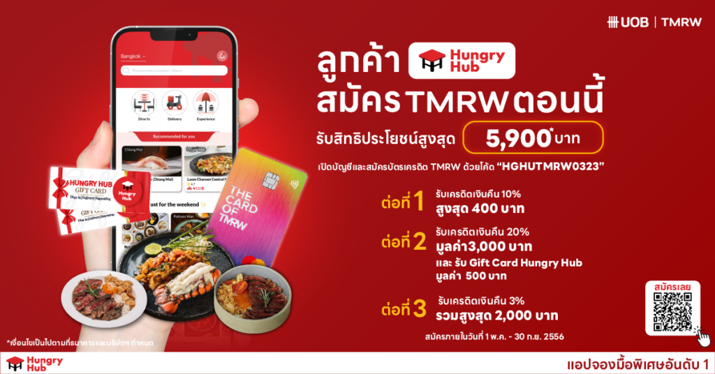บัตรเครดิต UOB TMRW x Hungry Hub รับสิทธิประโยชน์สูงสุด 5,900 บาท โปรโมชั่น UOB TMRW และ Hungry Hub