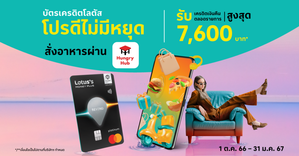 บัตรเครดิตโลตัส โปรดีไม่มีหยุด สั่งอาหารผ่าน Hungry Hub รับเครดิตเงินคืนสูงสุด 7,600 บาท บัตรเครดิตโลตัส x Hungry Hub โปรดีไม่มีหยุด