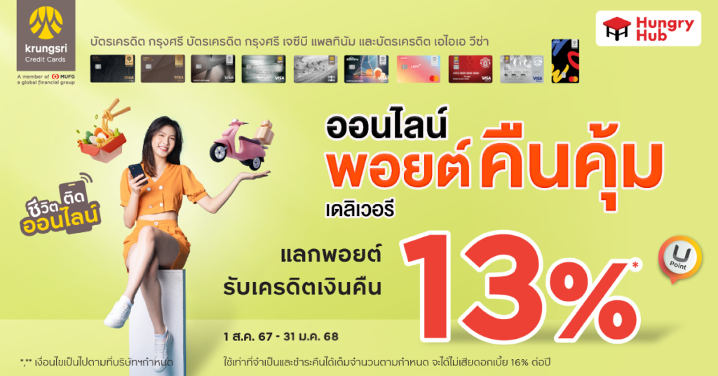 บัตรเครดิตกรุงศรี ออนไลน์พอยต์ คืนคุ้ม แลกรับเครดิตเงินคืนสูงสุด 13%