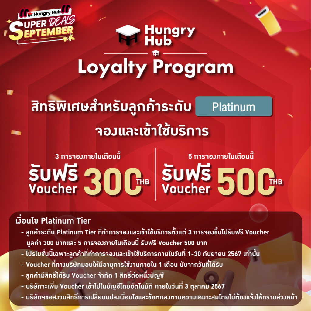 รับฟรี! Voucher 500 บาท สำหรับลูกค้า Hungry Hub Platinum Member