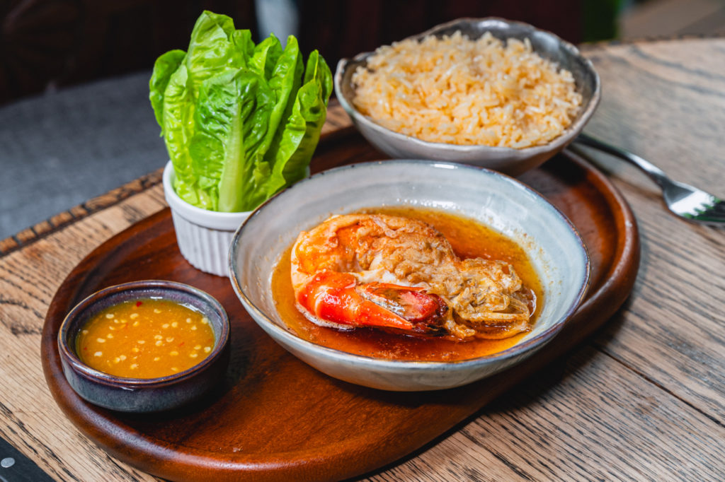 Din Restaurant and Bar Fried River Prawn With Sea Salt Served With Prawn Butter Fried Rice 