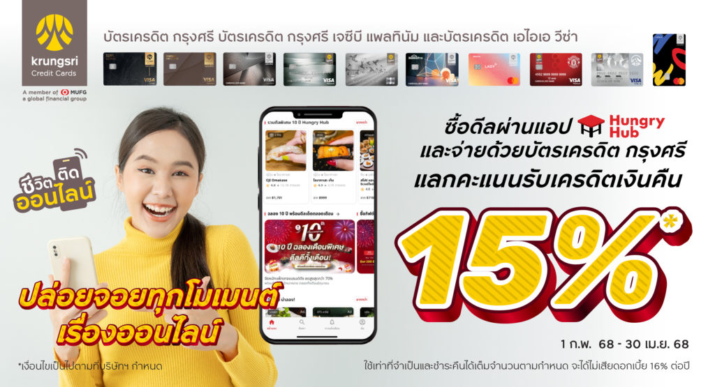 ปล่อยจอยทุกโมเมนต์เรื่องออนไลน์ กับ บัตรเครดิตกรุงศรี แลกรับเครดิตเงินคืนสูงสุด 15%* เมื่อจองผ่าน Hungry Hub ​