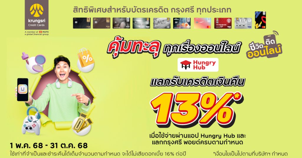 คุ้มทะลุ ทุกเรื่องออนไลน์ แลกรับเครดิตเงินคืนสูงสุด 13% กับบัตรเครดิตกรุงศรี และ Hungry Hub