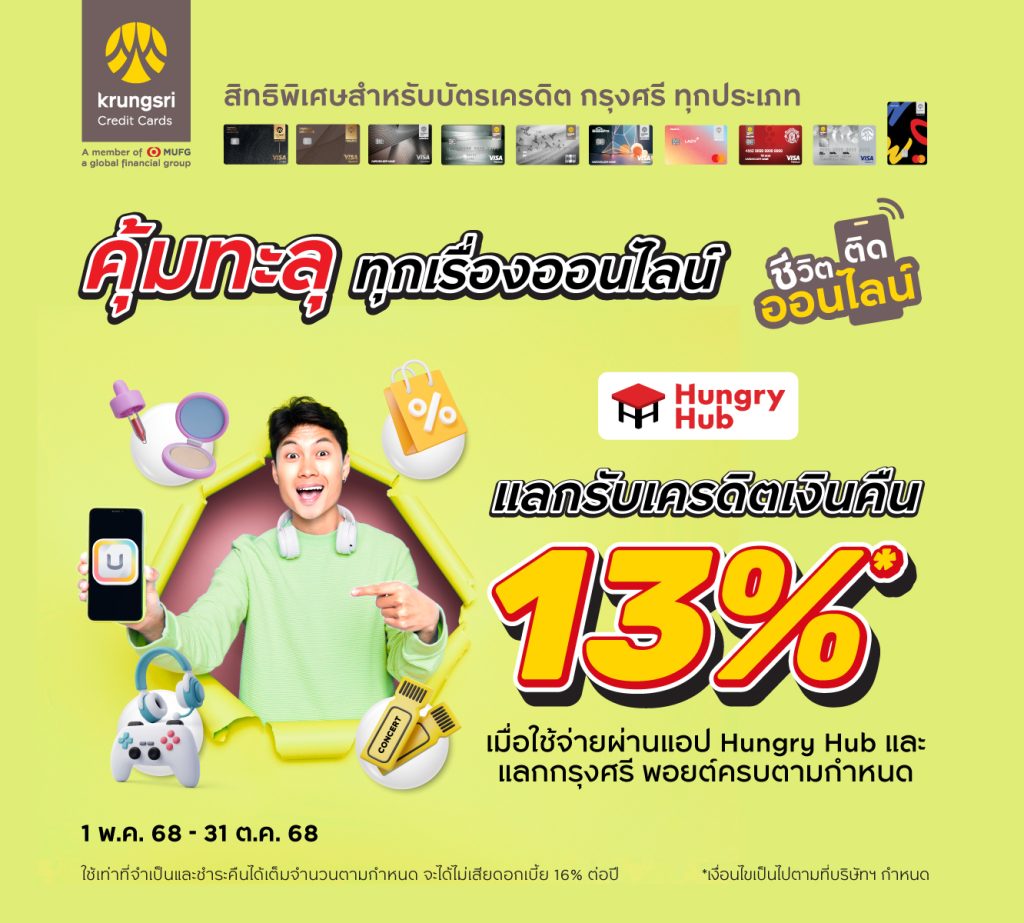 คุ้มทะลุ ทุกเรื่องออนไลน์ แลกรับเครดิตเงินคืนสูงสุด 13% กับบัตรเครดิตกรุงศรี และ Hungry Hub
