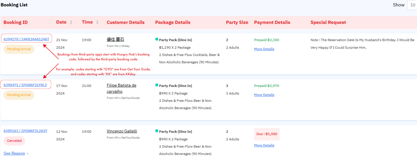 Example of a booking from a third-party application