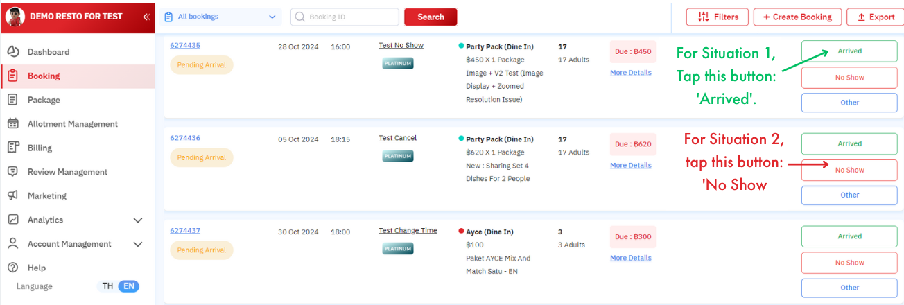 Action options for a booking