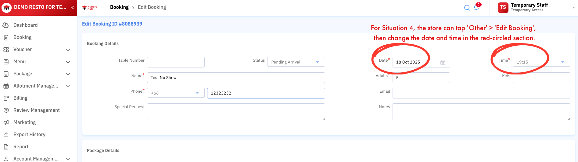 Editing a booking by the restaurant