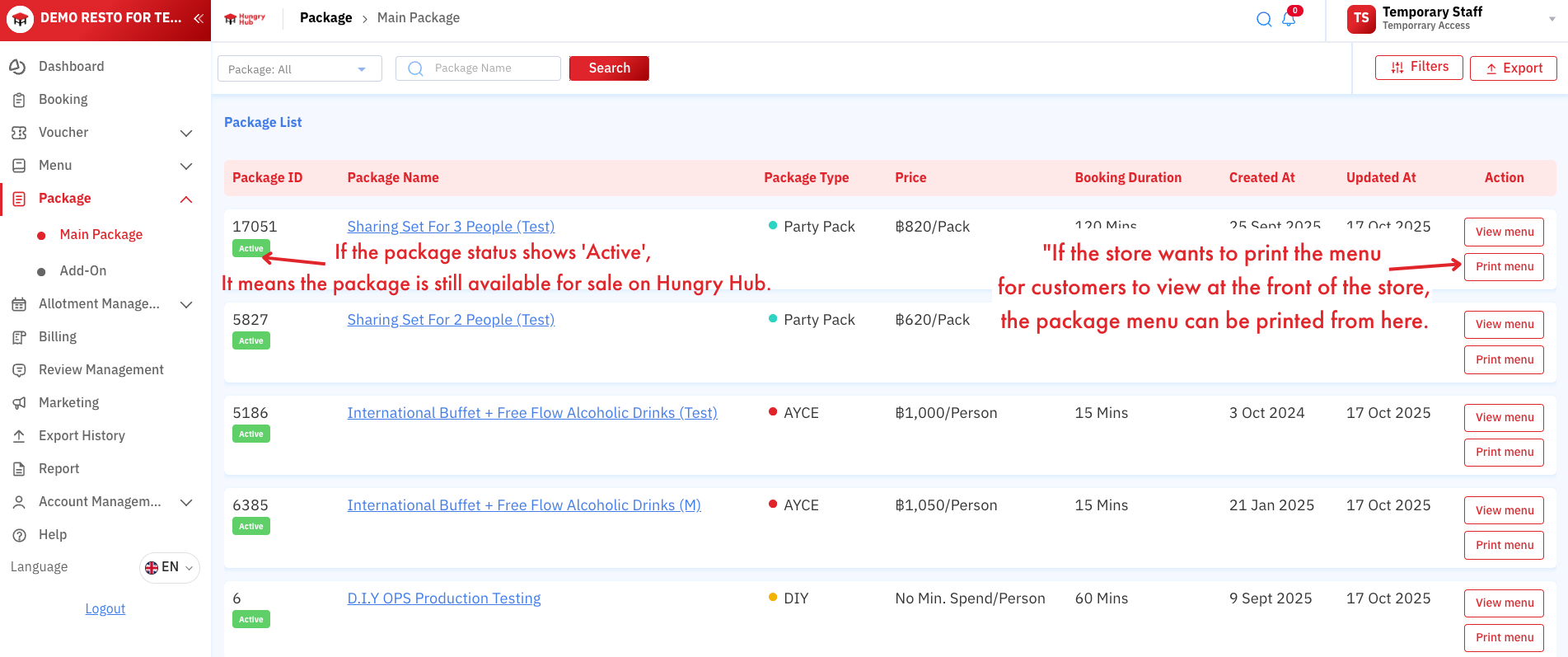 Packages screen in the Hungry Hub Partner system