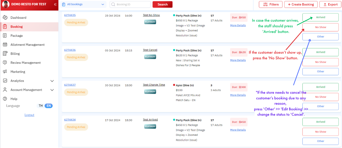 Booking statuses in the Hungry Hub system