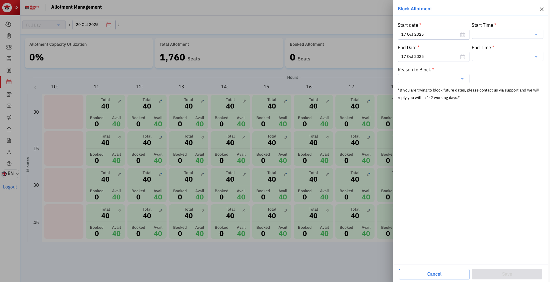 Options for blocking all day or by time slot