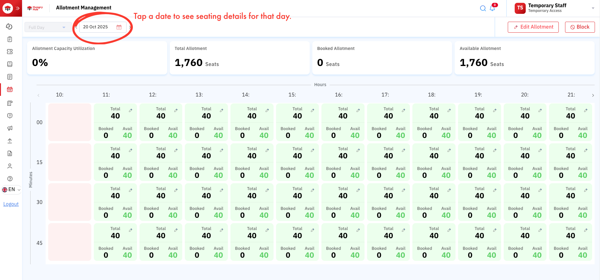 Seating allocation table in the Hungry Hub Partner system