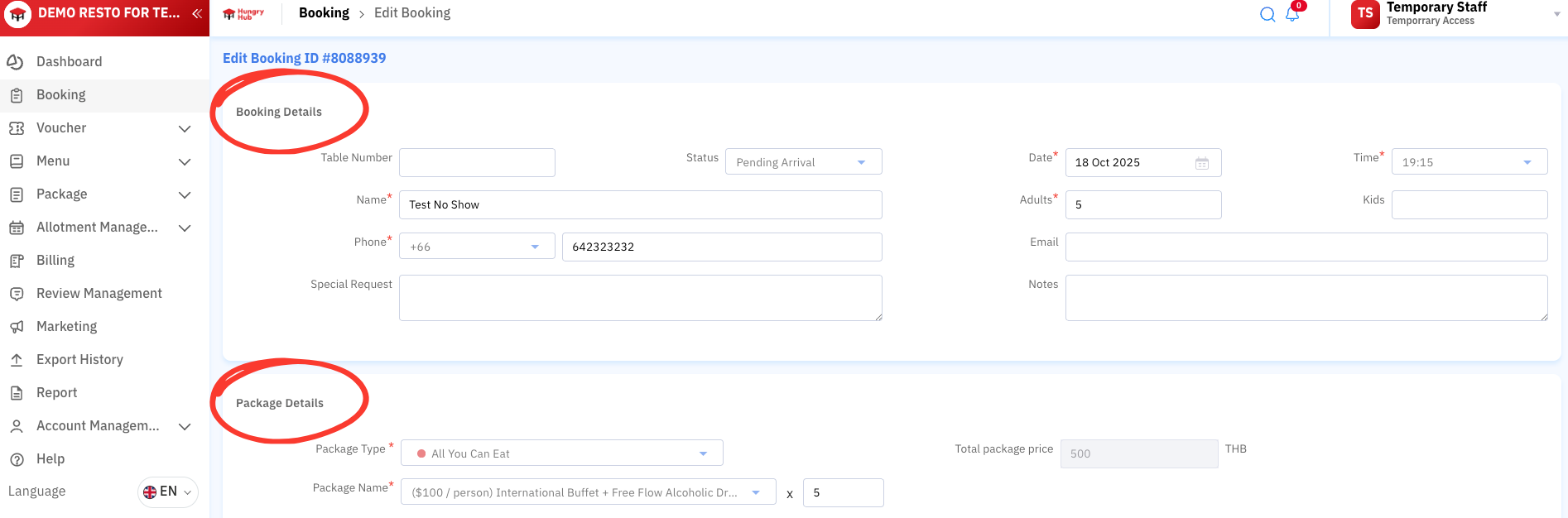 Booking status options in the edit page