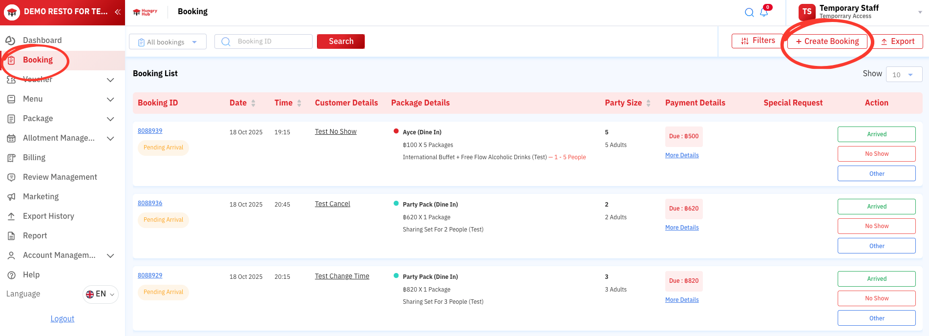 Create booking button in the Hungry Hub Partner system