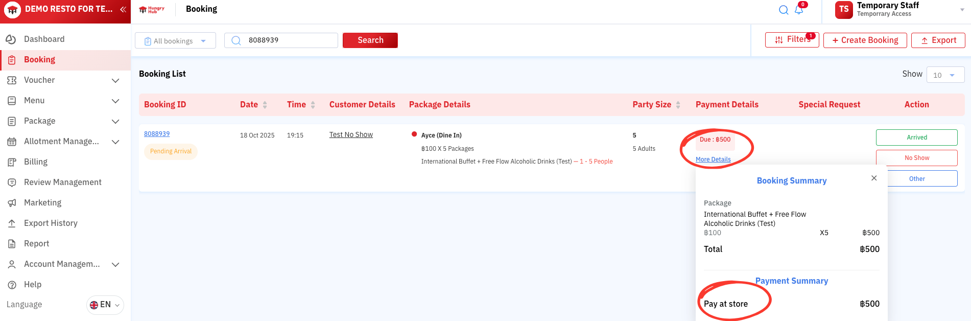 Booking with Pay at Restaurant (Due)