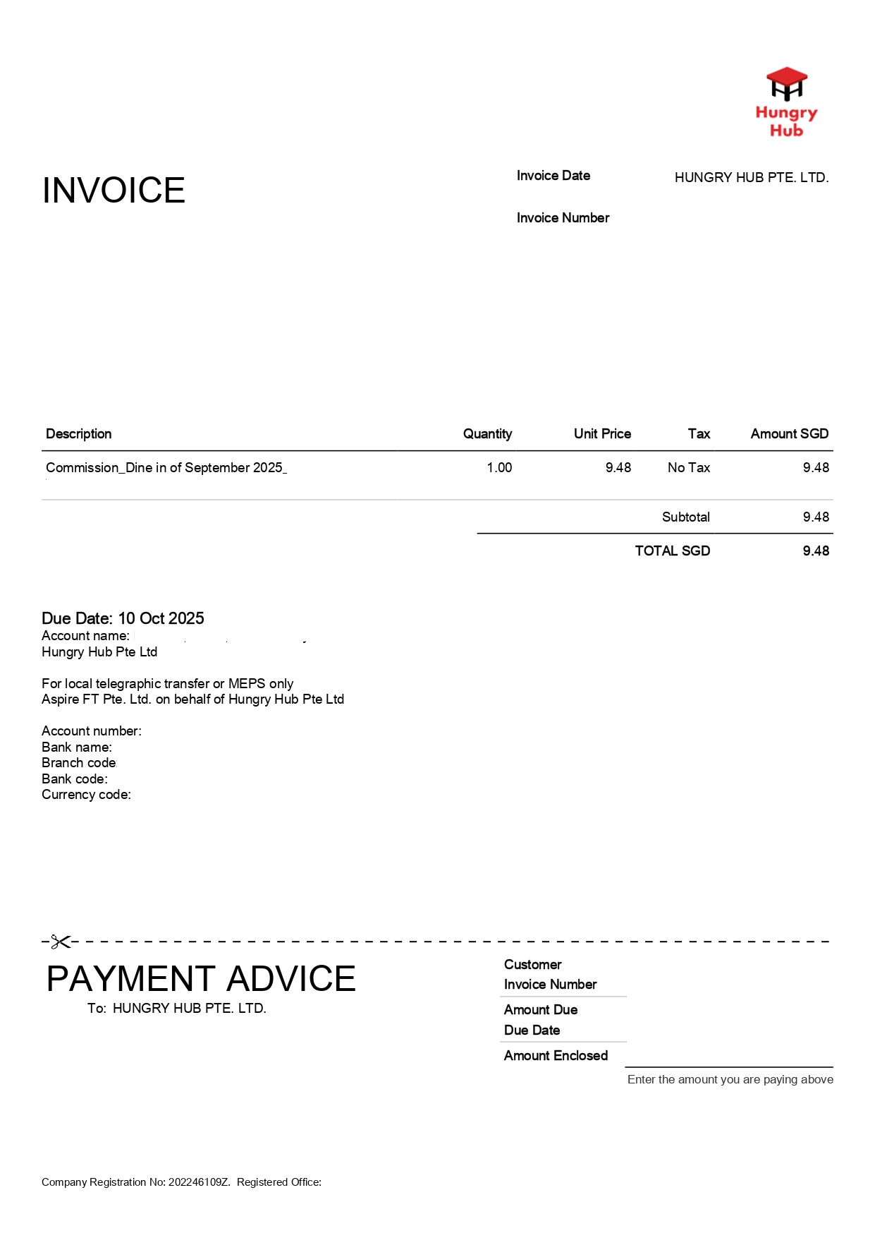 Sample refund request bill from Hungry Hub