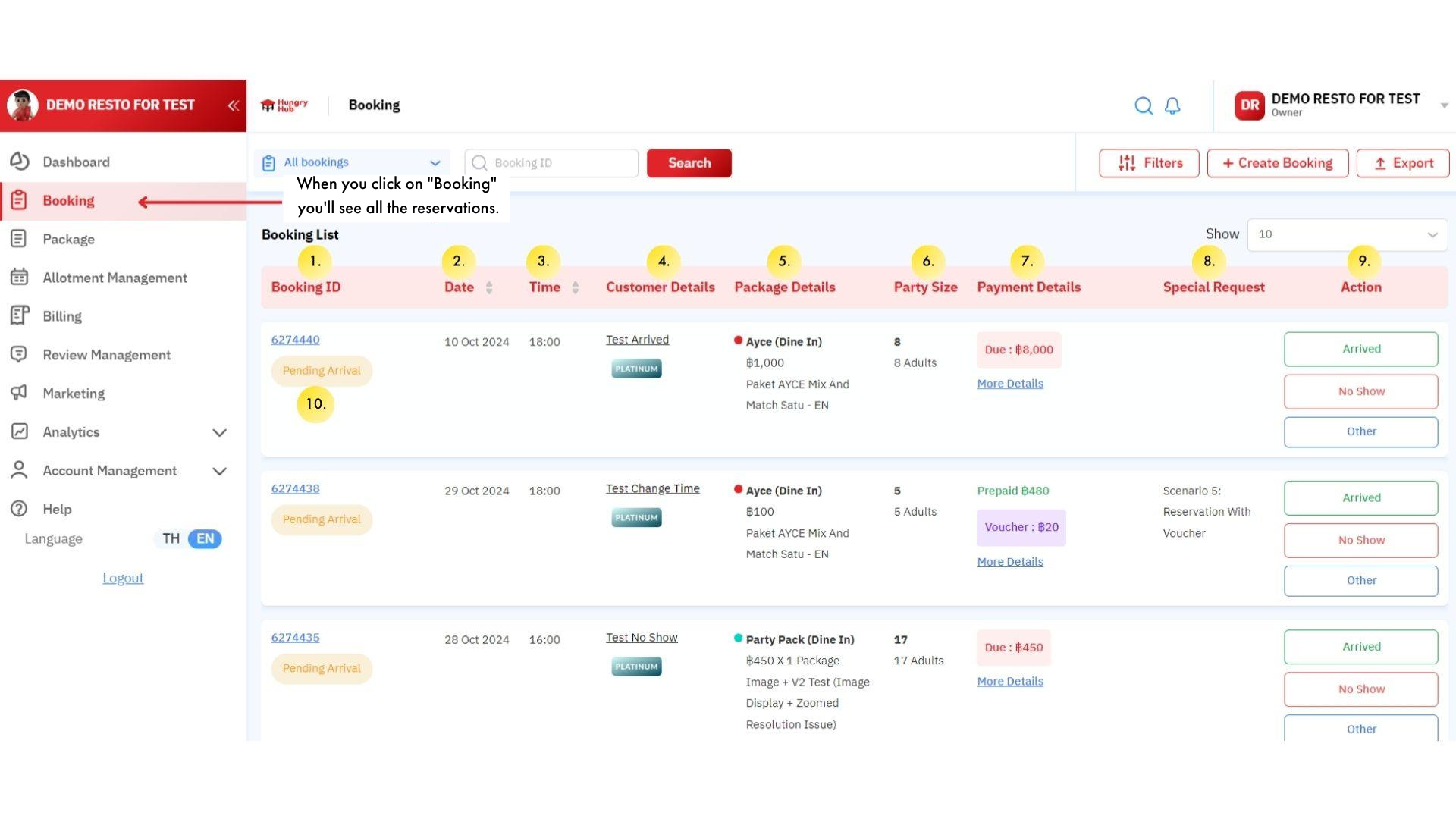 Overview of the booking page in the Hungry Hub Partner system